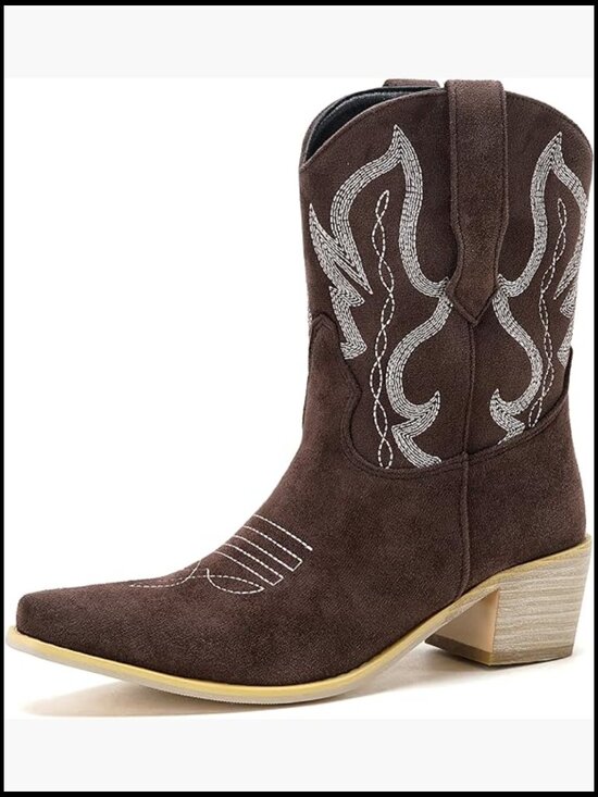 Shoes - Pointed Toe Ankle Boots Embroidered Western Cowboy Booties Pull On Block Heel